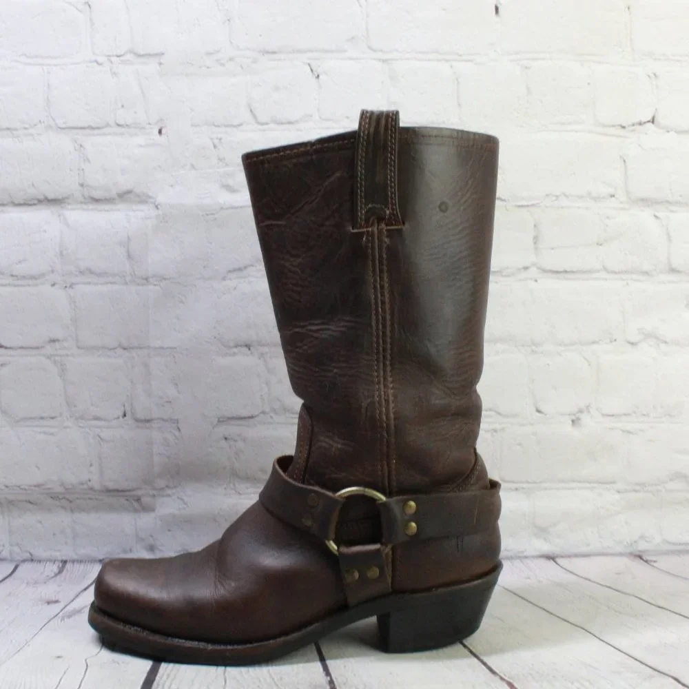 FRYE 77300 Leather Pull On Mid Calf Harness Square Toe Riding Boots Size 8.5 M - Picture 1 of 9